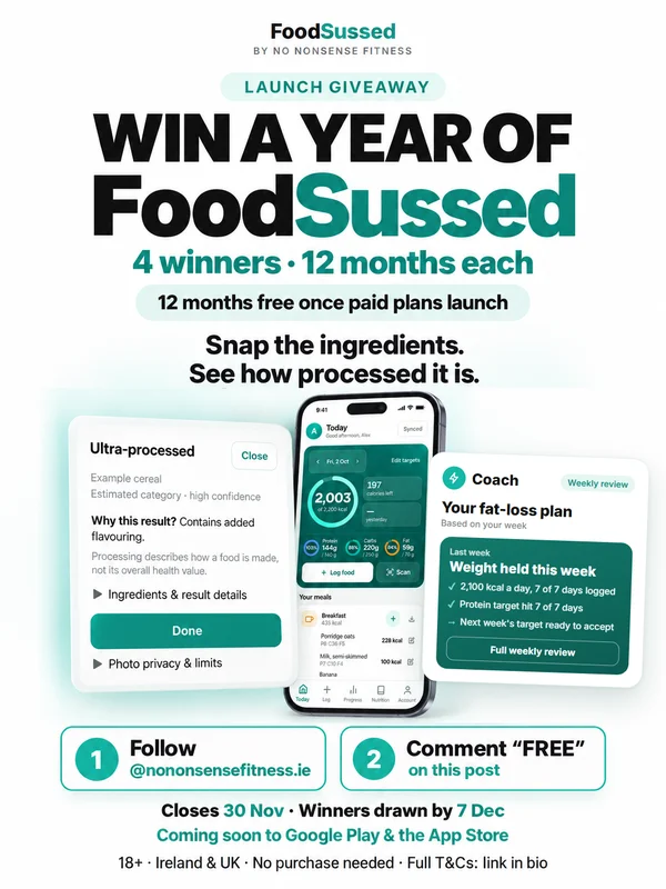 FoodSussed launch giveaway: win a year of FoodSussed. 4 winners, 12 months each. Shows the processing result, the Today screen and the weekly Coach. Follow @nononsensefitness.ie and comment FREE to enter. Closes 30 November.
