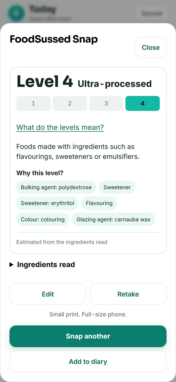 FoodSussed Snap result showing an estimated Level 4 and the ingredients behind it
