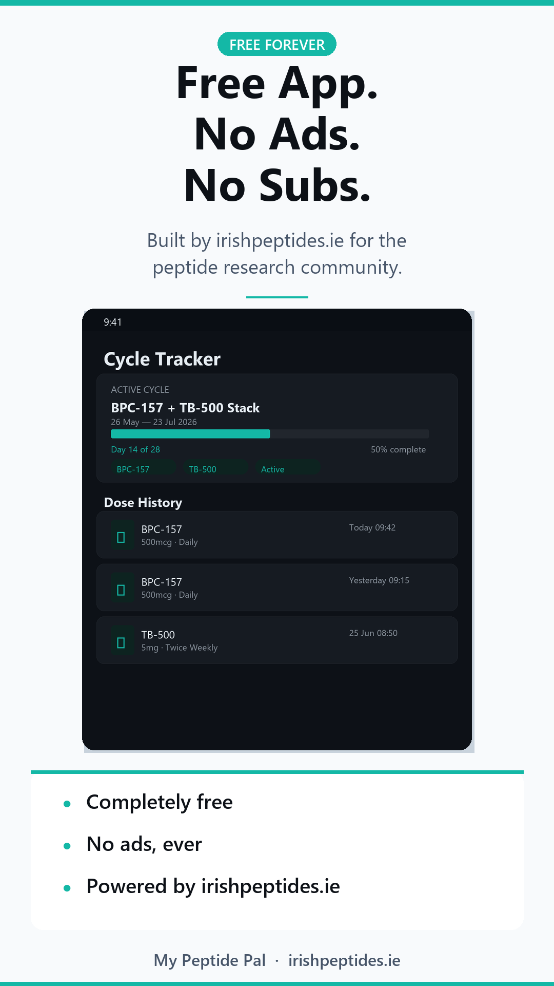 My Peptide Pal — free, no ads, no subscriptions promo card