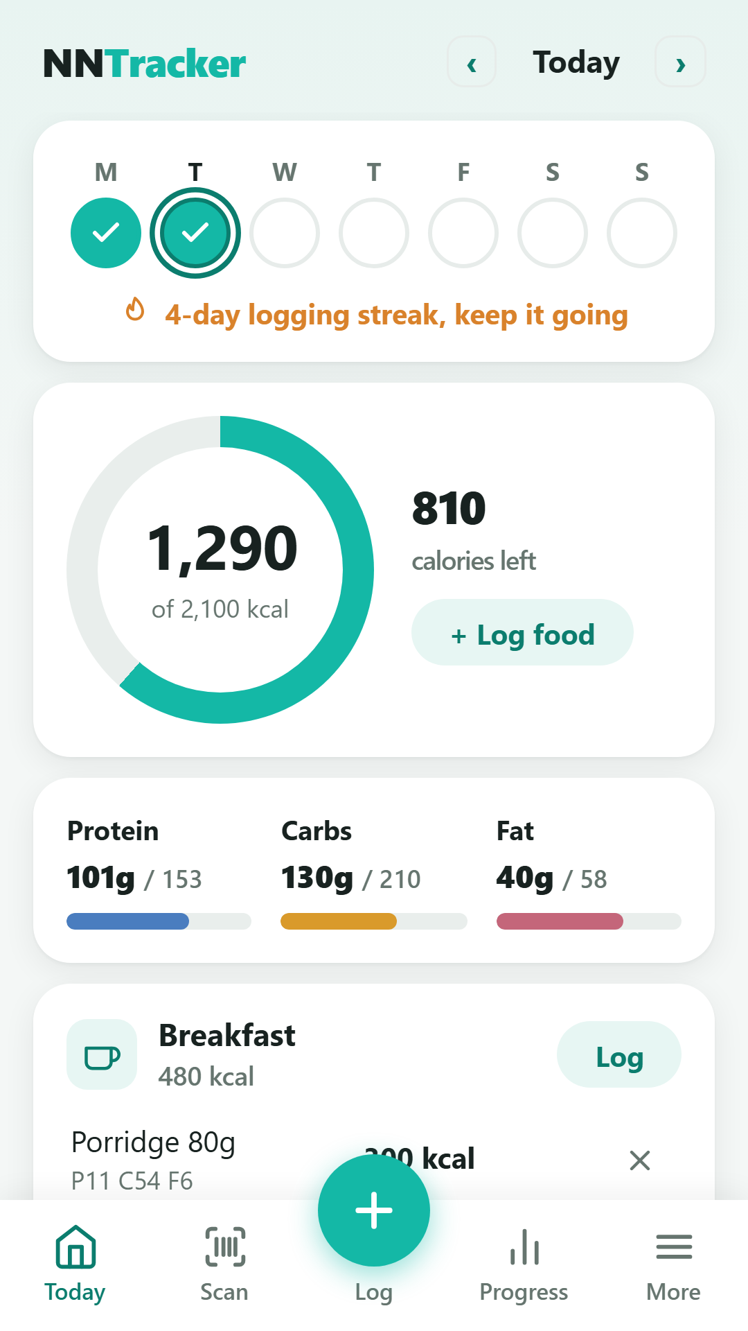 No Nonsense Calorie Counter — daily food diary with calorie ring, weekly streak and macros