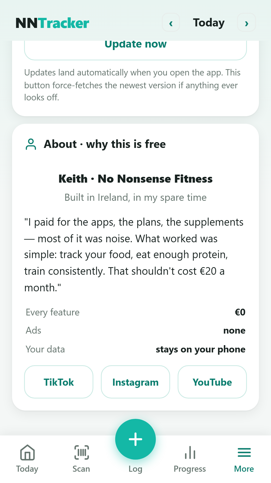 No Nonsense Calorie Counter — free forever, no ads, data stays on your phone