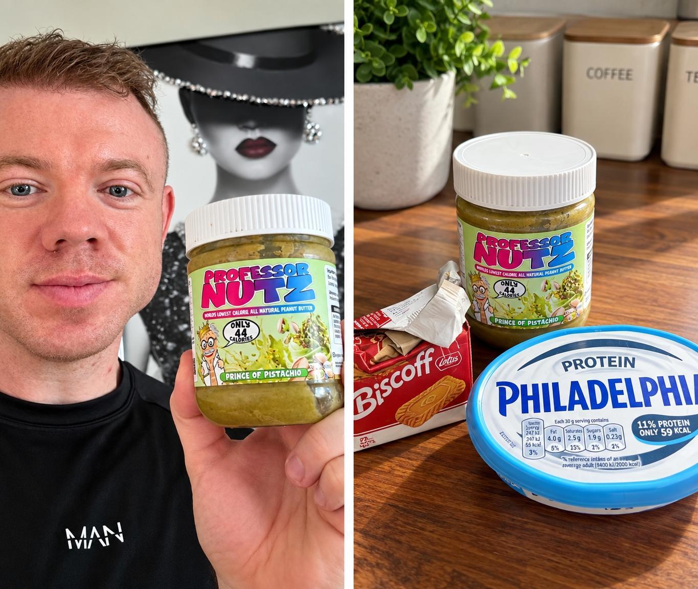 Keith O'Beirne holding Professor Nutz Prince of Pistachio beside Philadelphia Protein and Biscoff ingredients