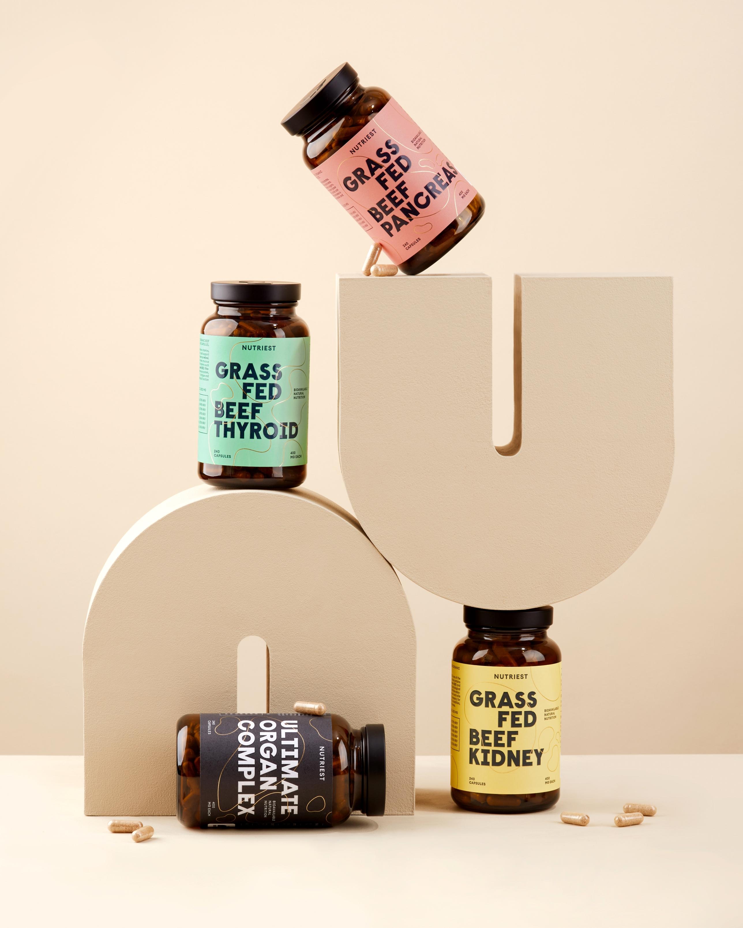 Nutriest grass-fed beef organ supplement bottles